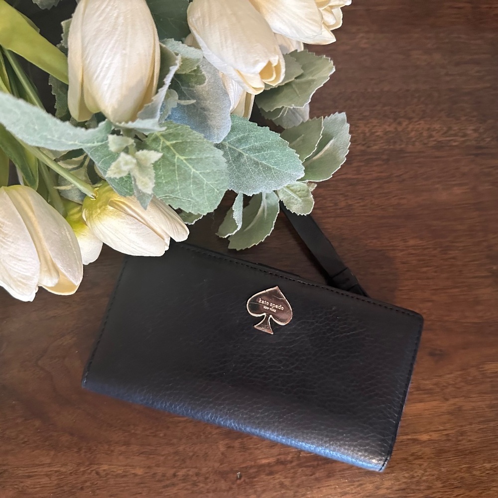 ♠️ Kate Spade soft black leather long wallet with silver mirrored spade symbol